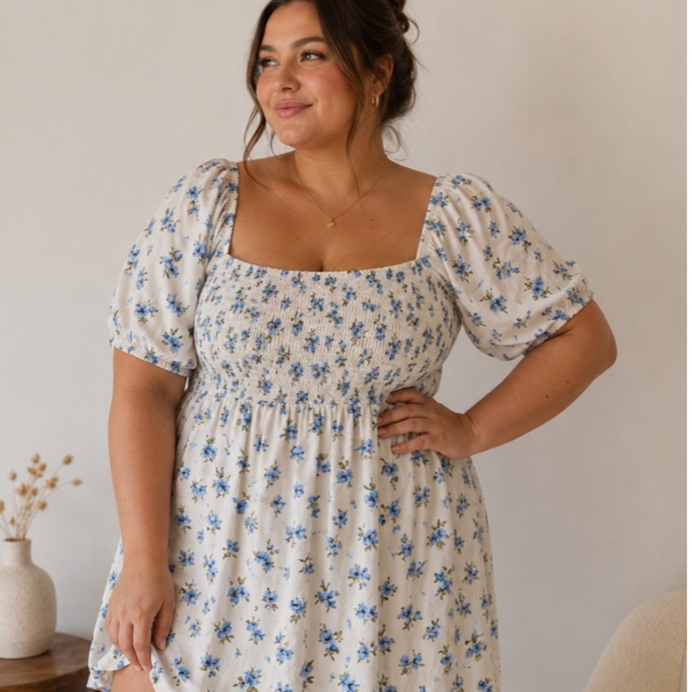 B6 Old Navy Ditsy Floral Smocked Dress womens 2x Blue Flowers pockets puff sleev